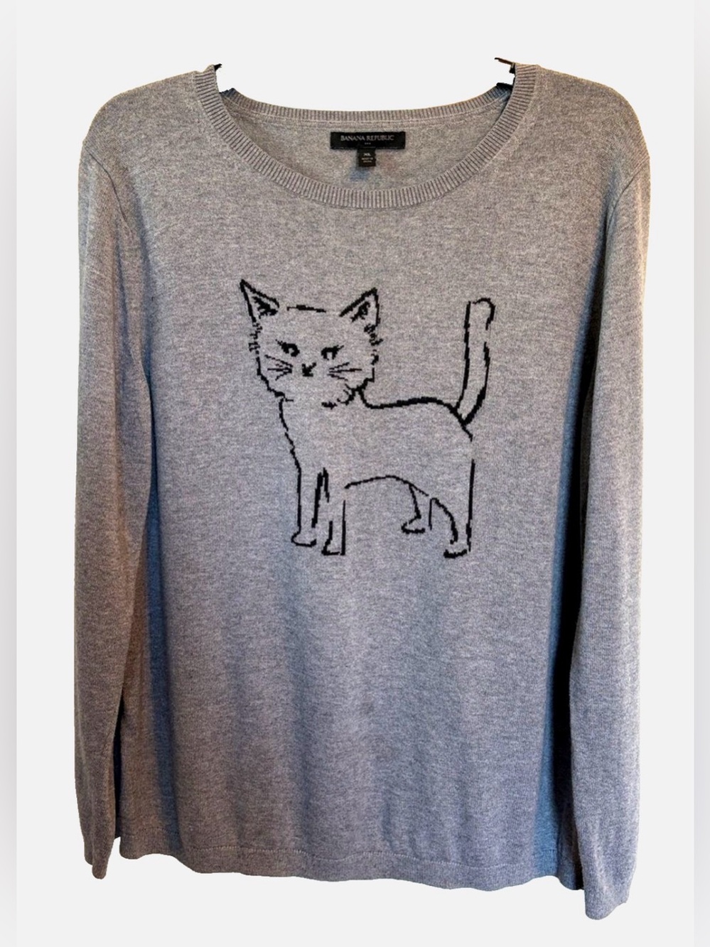 Banana Republic Intarsia Cat Sweater XL Gray Halloween Cat Lover Knit